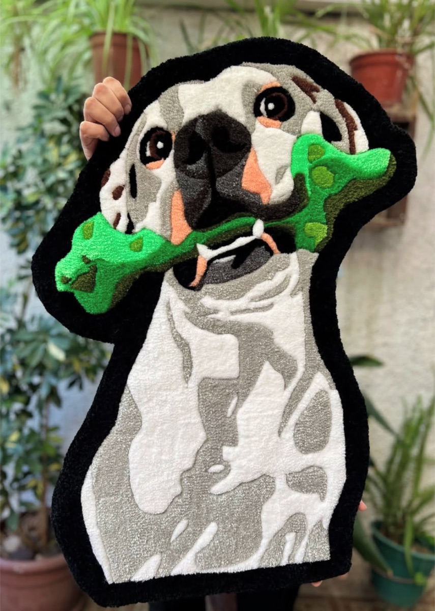 Tapete tufting retrato de perro con hueso de juguete